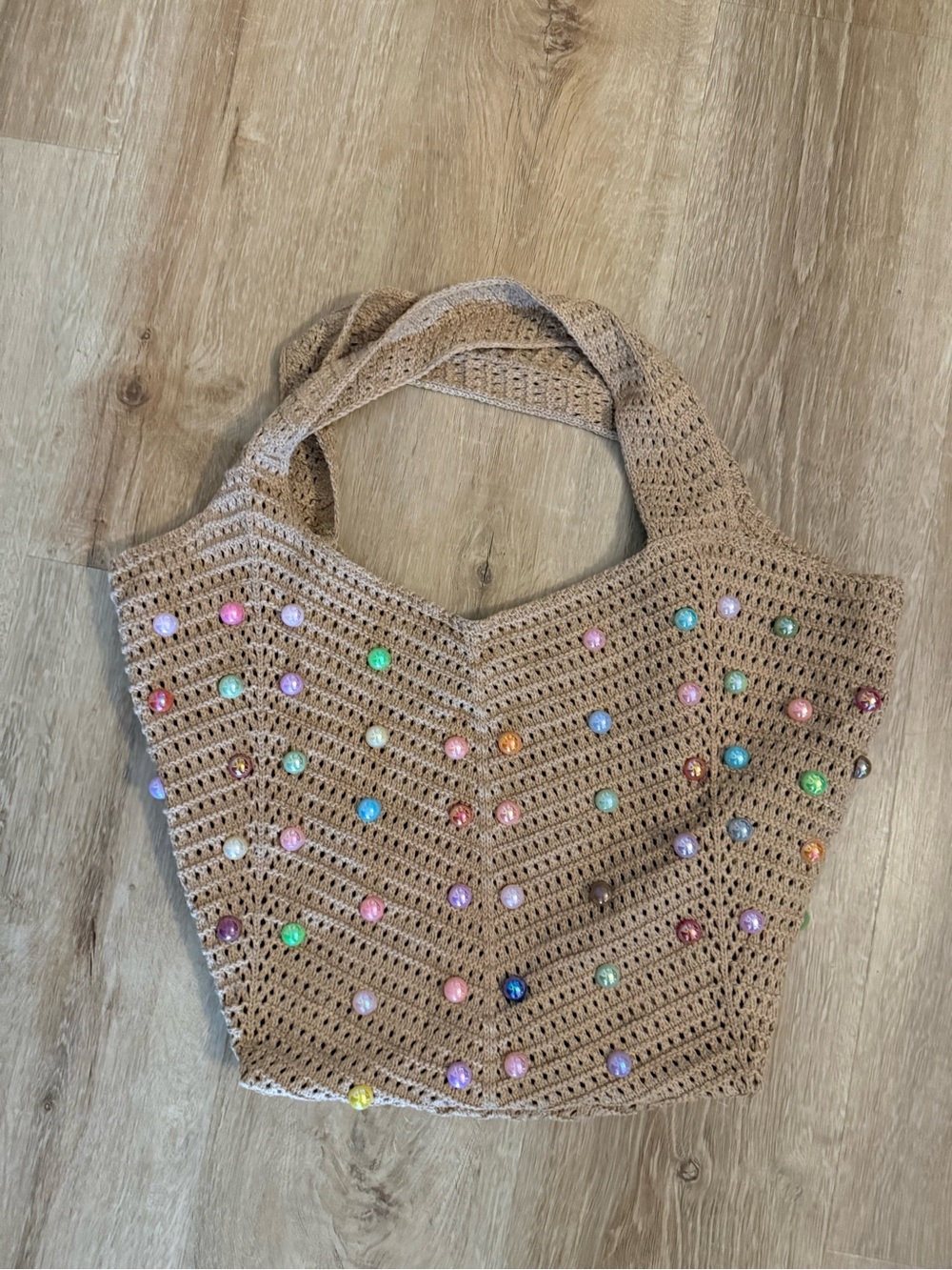 Boho Beige Crochet Tote Bag with Multicolor Bead Accents